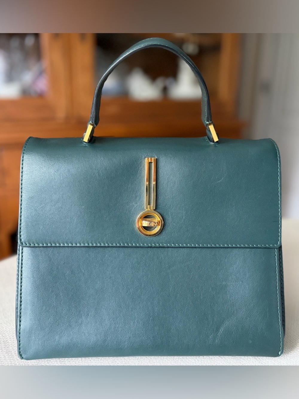 VNTG Escada Green Leather Top-Handle Shoulder Strap Bag Gold Hardware Italy 🇮🇹